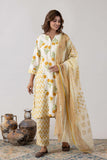 KUDIORY Women White & Mustard Yellow Floral Printed Kurta with Trousers & Dupatta