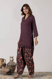 KUDIORY Women Purple Solid Kurta with Black Floral Printed Patiala Pants