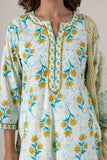 KUDIORY Women’s White & Teal Floral Printed Kurta with Printed Bottom & Dupatta