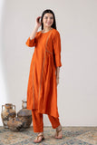KUDIORY Women Orange Solid Asymmetrical Kurta with Trousers