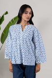 KUDIORY Women Blue Floral Printed V-Neck Flared Sleeves Top