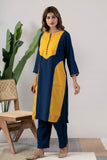 KUDIORY Women Navy Blue & Mustard Yellow Colourblocked Kurta with Straight Pants Co-Ord Set