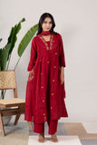 KUDIORY Women’s Maroon Embroidered Kurta with Trousers & Dupatta