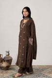 KUDIORY Women’s Brown Embroidered A-Line Kurta with Straight Trousers & Dupatta