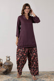 KUDIORY Women Purple Solid Kurta with Black Floral Printed Patiala Pants