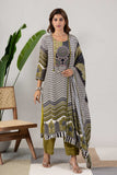 KUDIORY Women Black & Olive Green Geometric Printed Kurta with Palazzos & Dupatta
