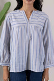 KUDIORY Women White & Blue Striped Mandarin Collar Top