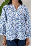 KUDIORY Women Blue Floral Printed V-Neck Flared Sleeves Top