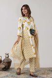 KUDIORY Women White & Mustard Yellow Floral Printed Kurta with Trousers & Dupatta