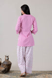 KUDIORY Women Pink Striped Kurta with White Floral Printed Palazzo Pants