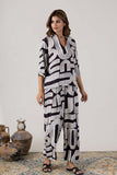KUDIORY Women Black & White Abstract Printed Co-ord Set with Shirt and Wide-Leg Trousers