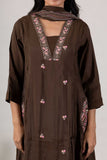 KUDIORY Women’s Brown Embroidered A-Line Kurta with Straight Trousers & Dupatta