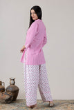 KUDIORY Women Pink Striped Kurta with White Floral Printed Palazzo Pants