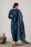 KUDIORY Women’s Navy Blue & Teal Printed Kurta with Trousers & Dupatta