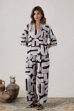KUDIORY Women Black & White Abstract Printed Co-ord Set with Shirt and Wide-Leg Trousers