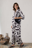 KUDIORY Women Black & White Abstract Printed Co-ord Set with Shirt and Wide-Leg Trousers