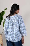 KUDIORY Women Blue Floral Printed V-Neck Flared Sleeves Top