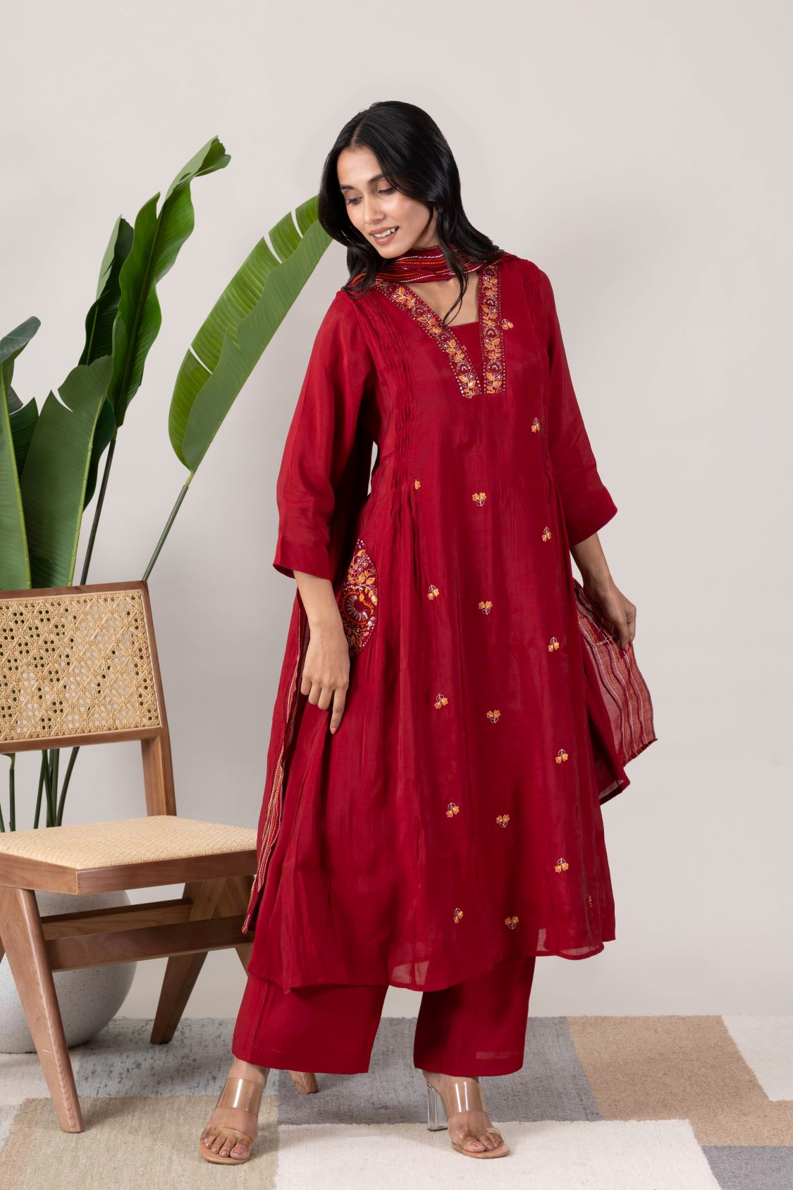 KUDIORY Women’s Maroon Embroidered Kurta with Trousers & Dupatta