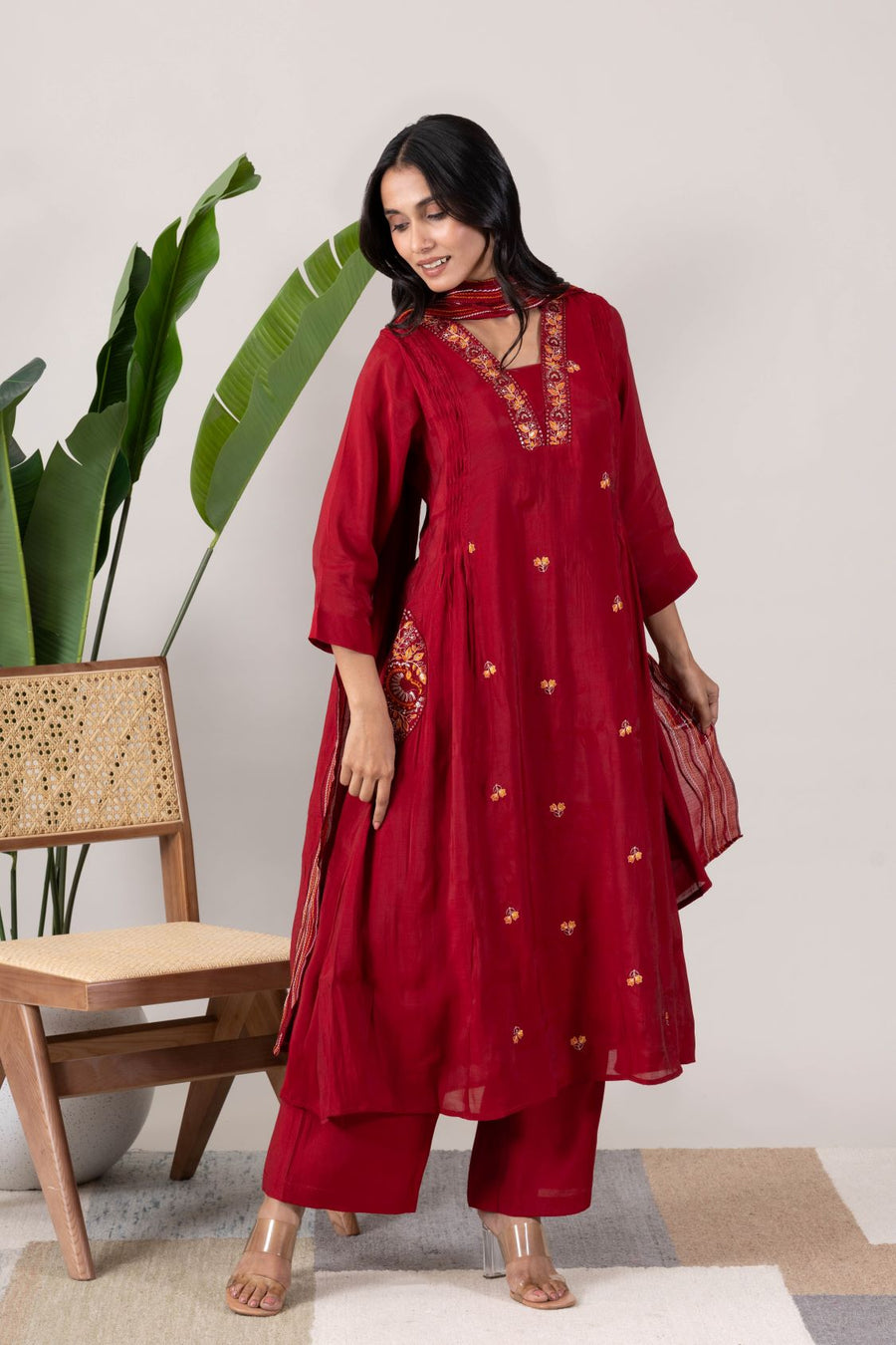 KUDIORY Women’s Maroon Embroidered Kurta with Trousers & Dupatta