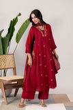 KUDIORY Women’s Maroon Embroidered Kurta with Trousers & Dupatta