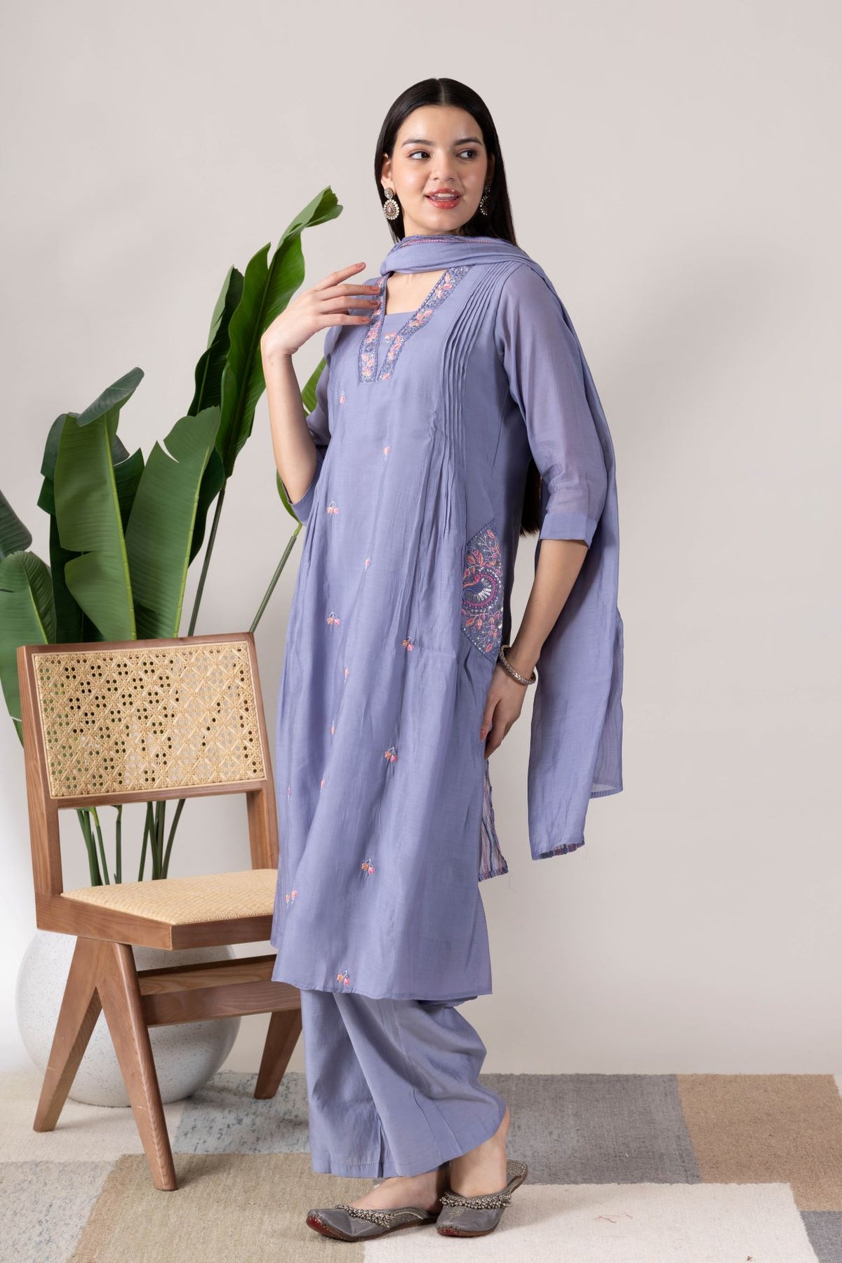 KUDIORY Women’s Grey Embroidered Kurta with Trousers & Dupatta