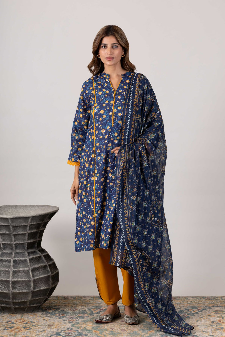 KUDIORY Women’s Navy Blue Floral Printed Kurta with Mustard Trousers & Dupatta