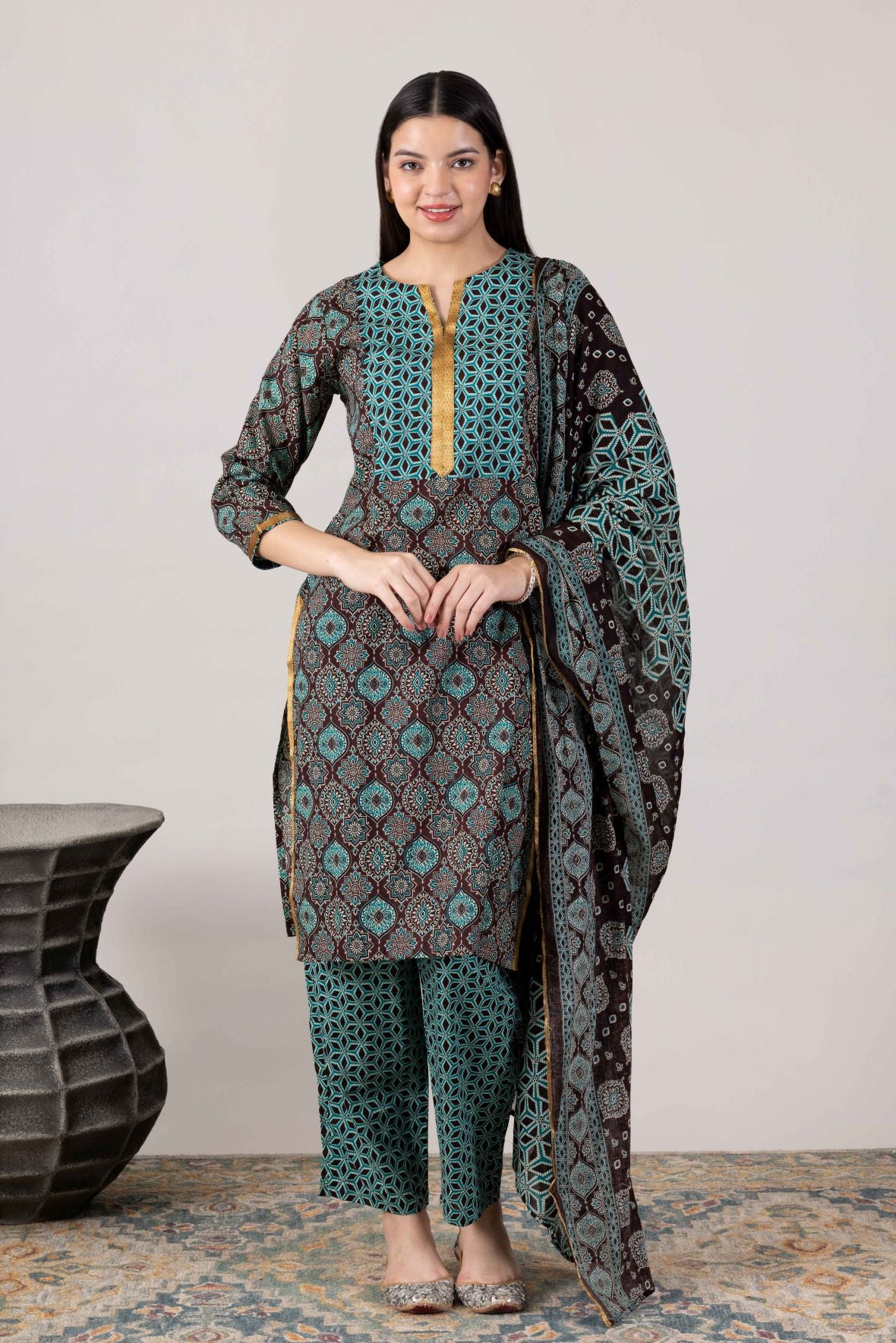 KUDIORY Women’s Brown & Teal Geometric Printed Kurta with Trousers & Dupatta