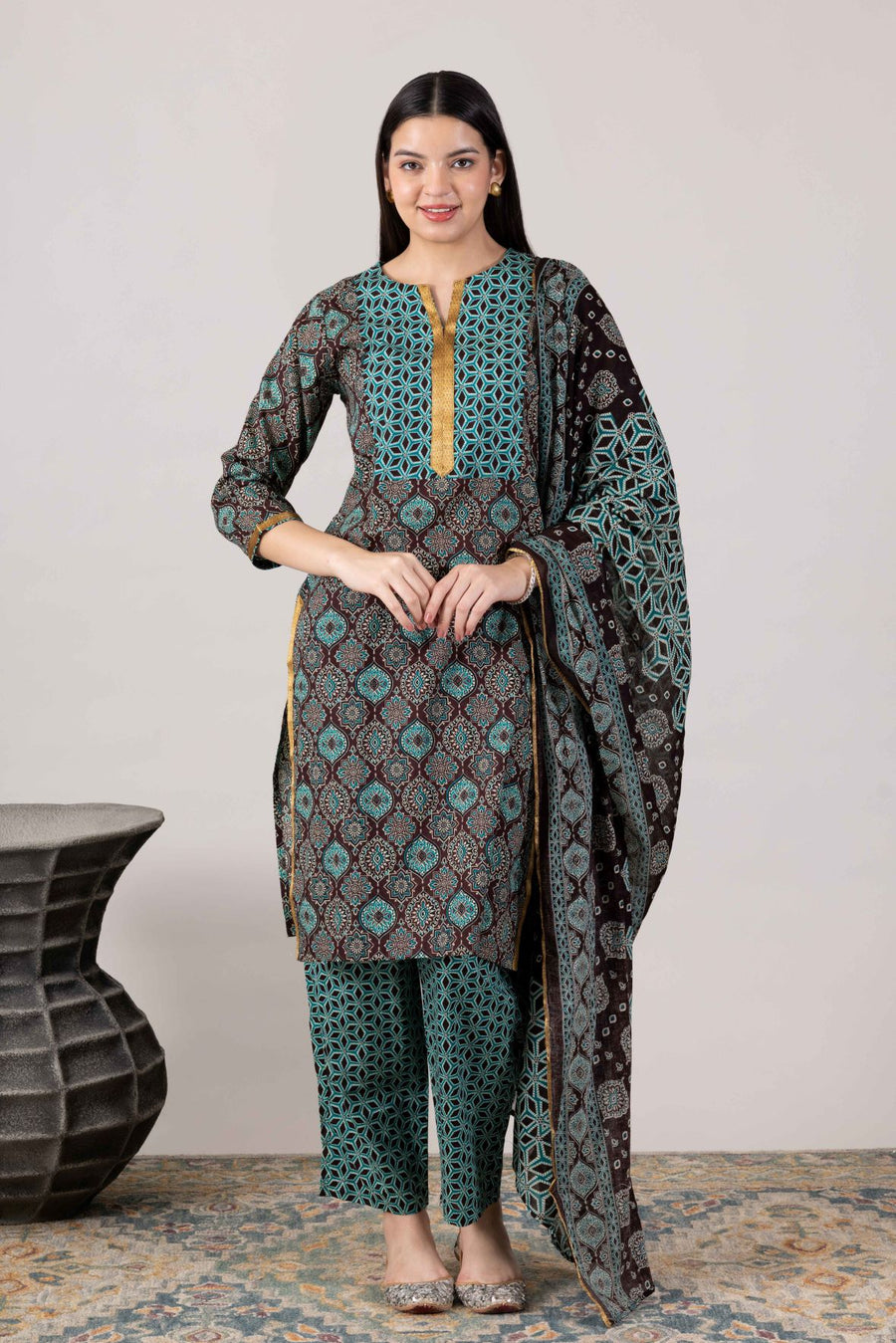 KUDIORY Women’s Brown & Teal Geometric Printed Kurta with Trousers & Dupatta