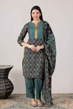 KUDIORY Women’s Brown & Teal Geometric Printed Kurta with Trousers & Dupatta