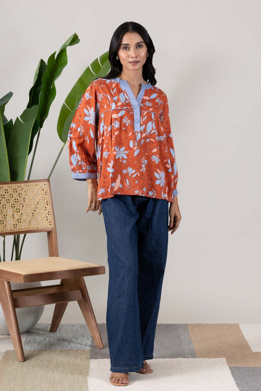 KUDIORY Women’s Orange & Blue Floral Printed Mandarin Collar Shirt