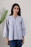 KUDIORY Women White & Blue Striped Mandarin Collar Top