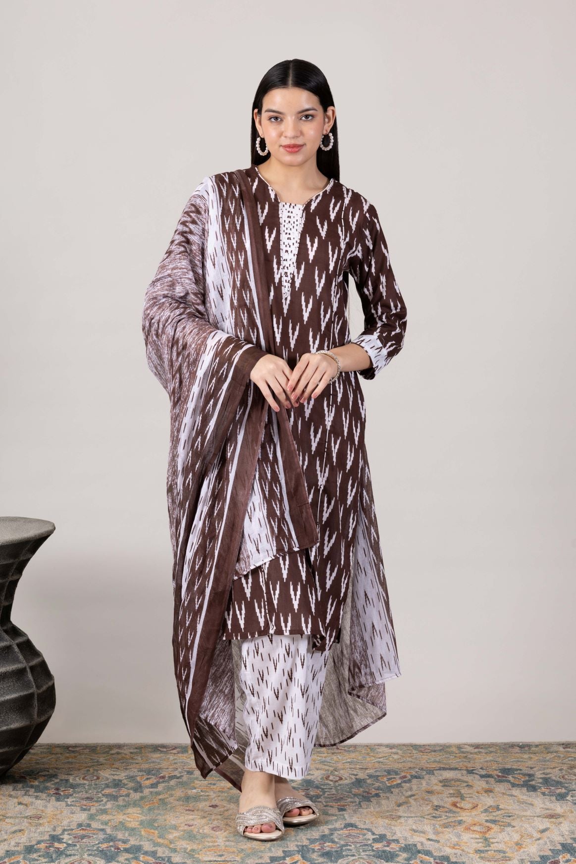 KUDIORY Women’s Brown Ikat Printed Kurta with Trousers & Dupatta