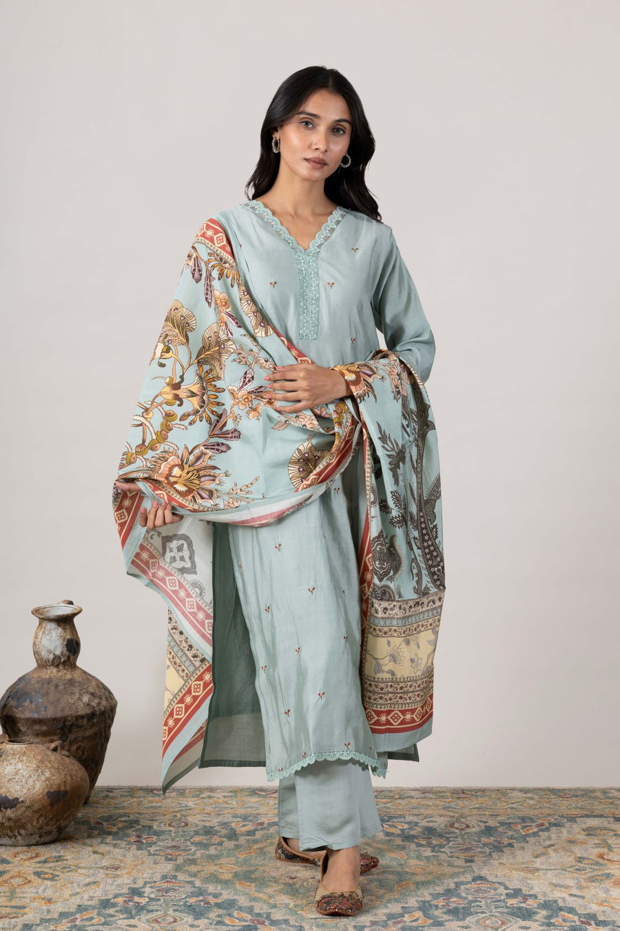 KUDIORY Women’s Sea Green Embroidered Kurta with Straight Palazzos & Printed Dupatta