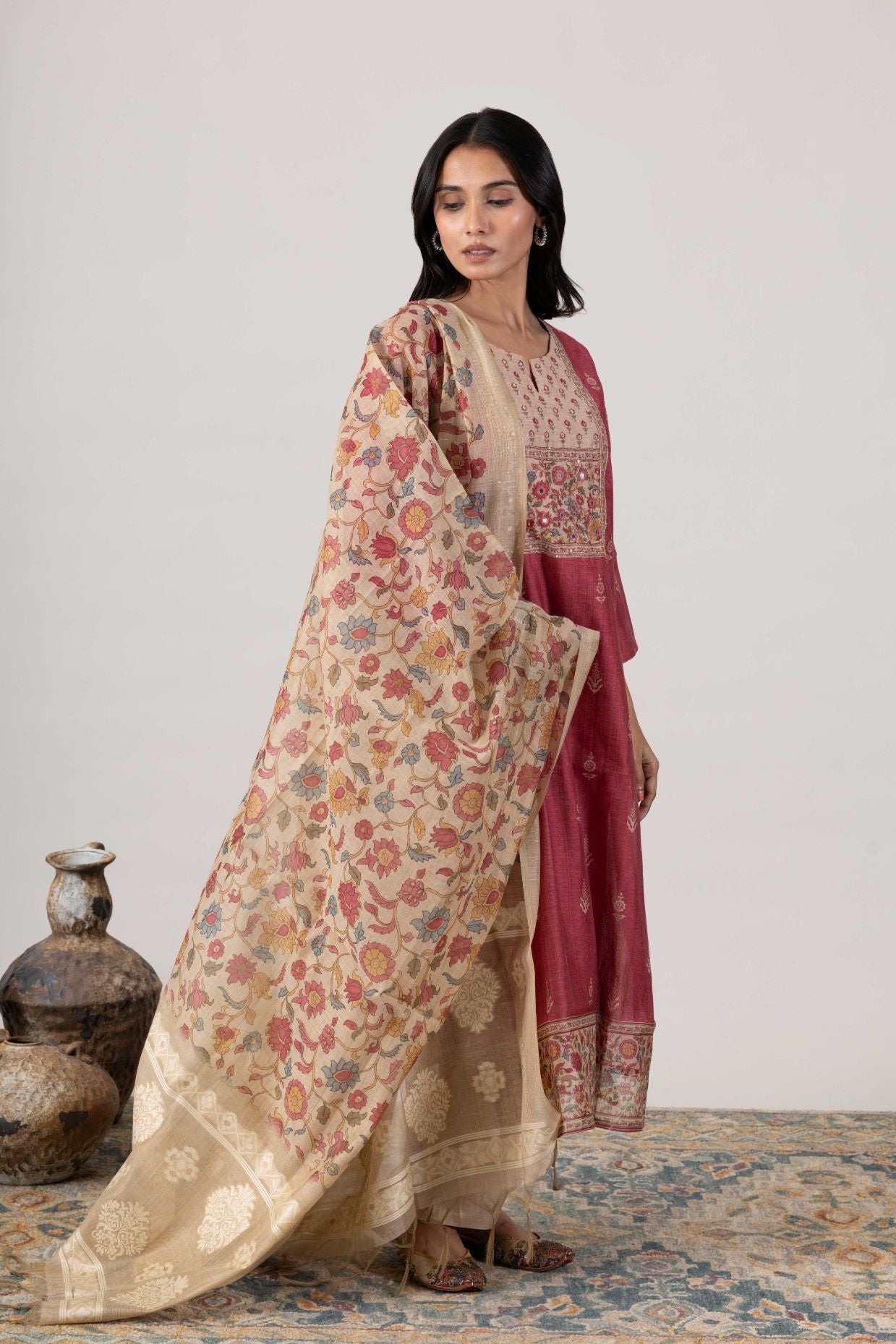 KUDIORY Women’s Maroon Floral Printed Kurta with Beige Trousers & Printed Dupatta