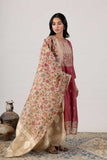 KUDIORY Women’s Maroon Floral Printed Kurta with Beige Trousers & Printed Dupatta