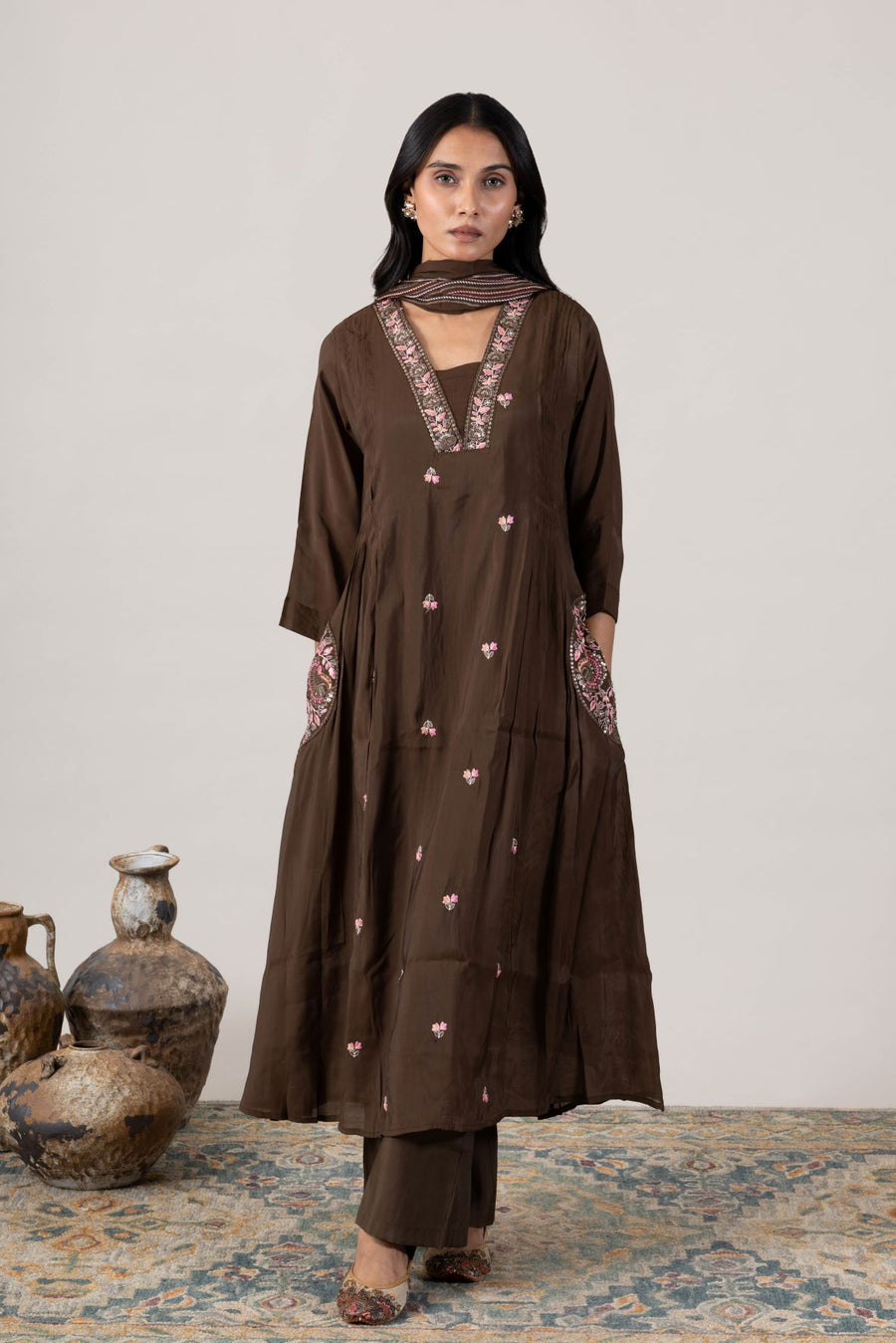 KUDIORY Women’s Brown Embroidered A-Line Kurta with Straight Trousers & Dupatta