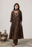 KUDIORY Women’s Brown Embroidered A-Line Kurta with Straight Trousers & Dupatta