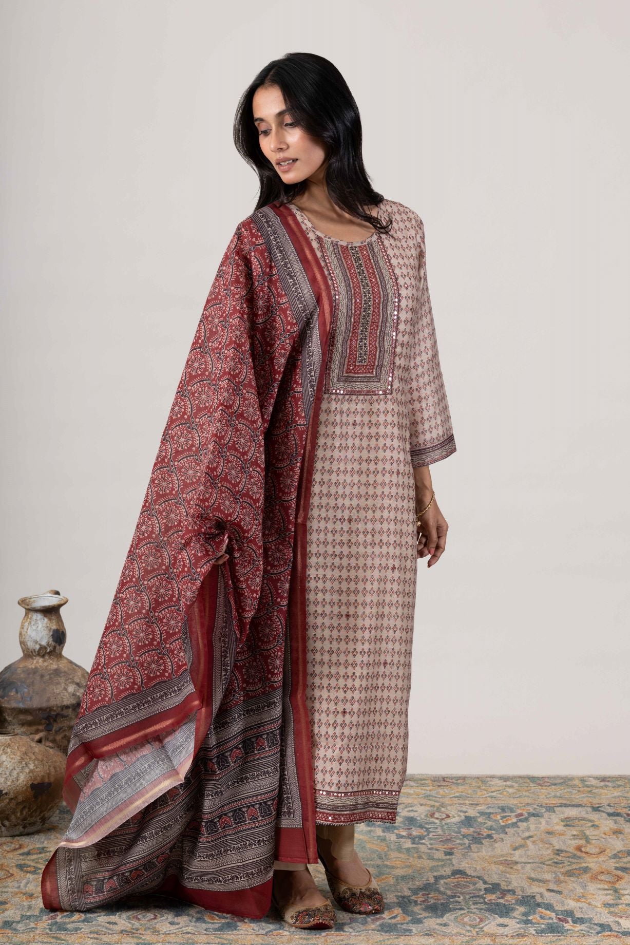 KUDIORY Women’s Beige & Maroon Printed Straight Kurta with Trousers & Dupatta