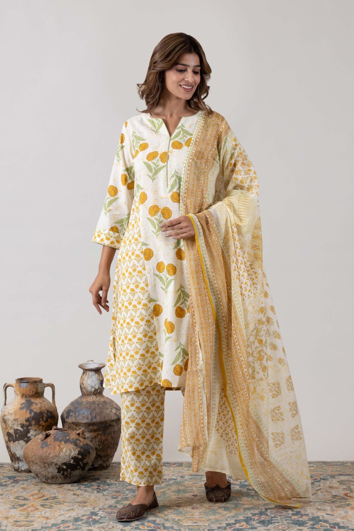 KUDIORY Women White & Mustard Yellow Floral Printed Kurta with Trousers & Dupatta