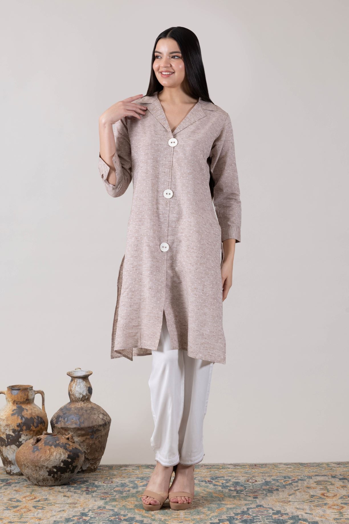 KUDIORY Women Beige Solid Asymmetrical Hem Kurta with White Palazzos