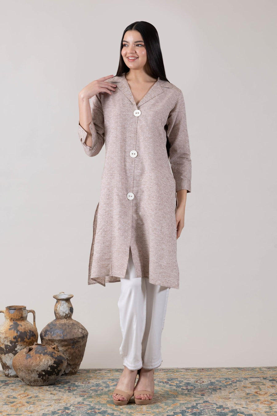KUDIORY Women Beige Solid Asymmetrical Hem Kurta with White Palazzos