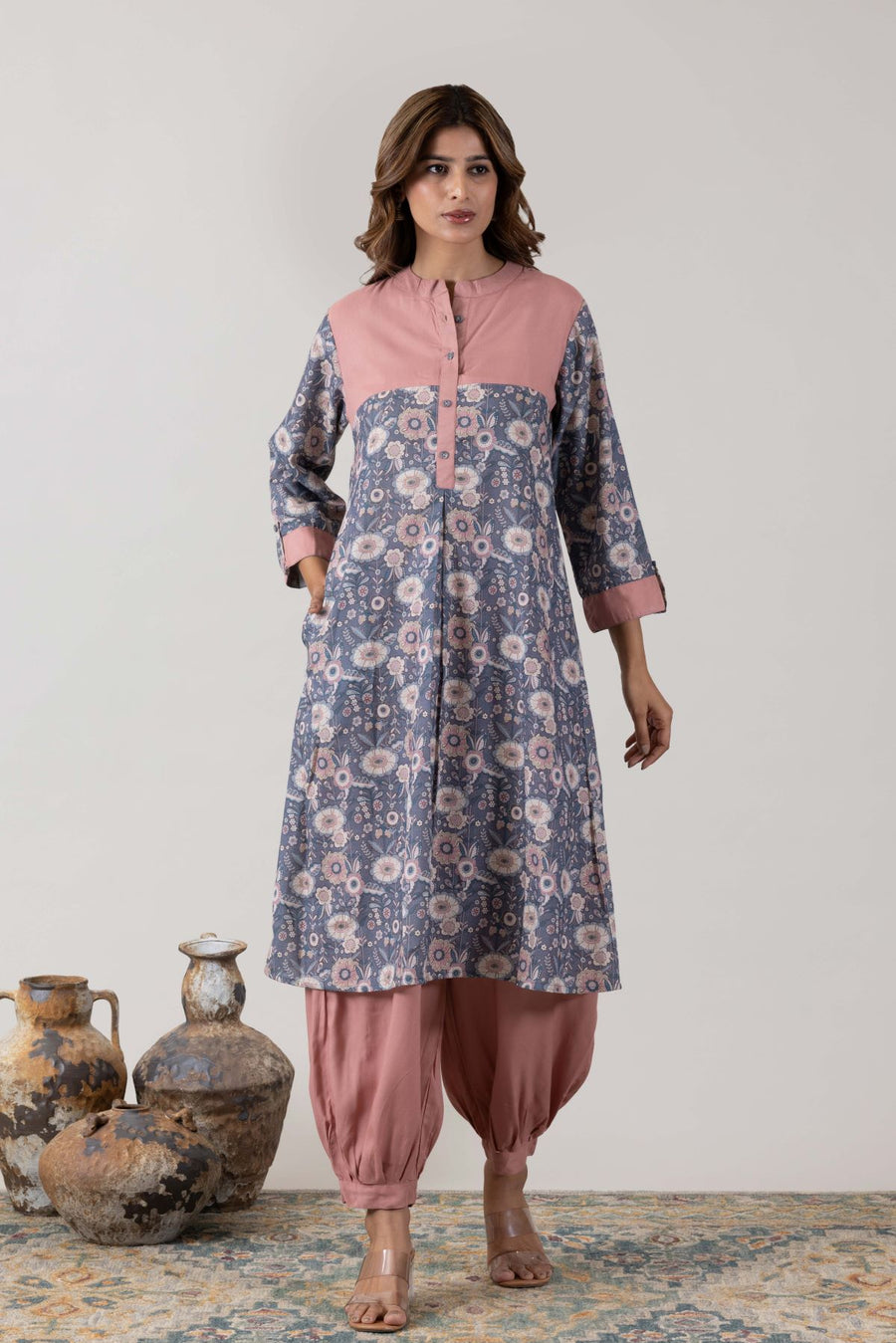 KUDIORY Women Mauve Floral Printed A-Line Kurta with Patiala Pants