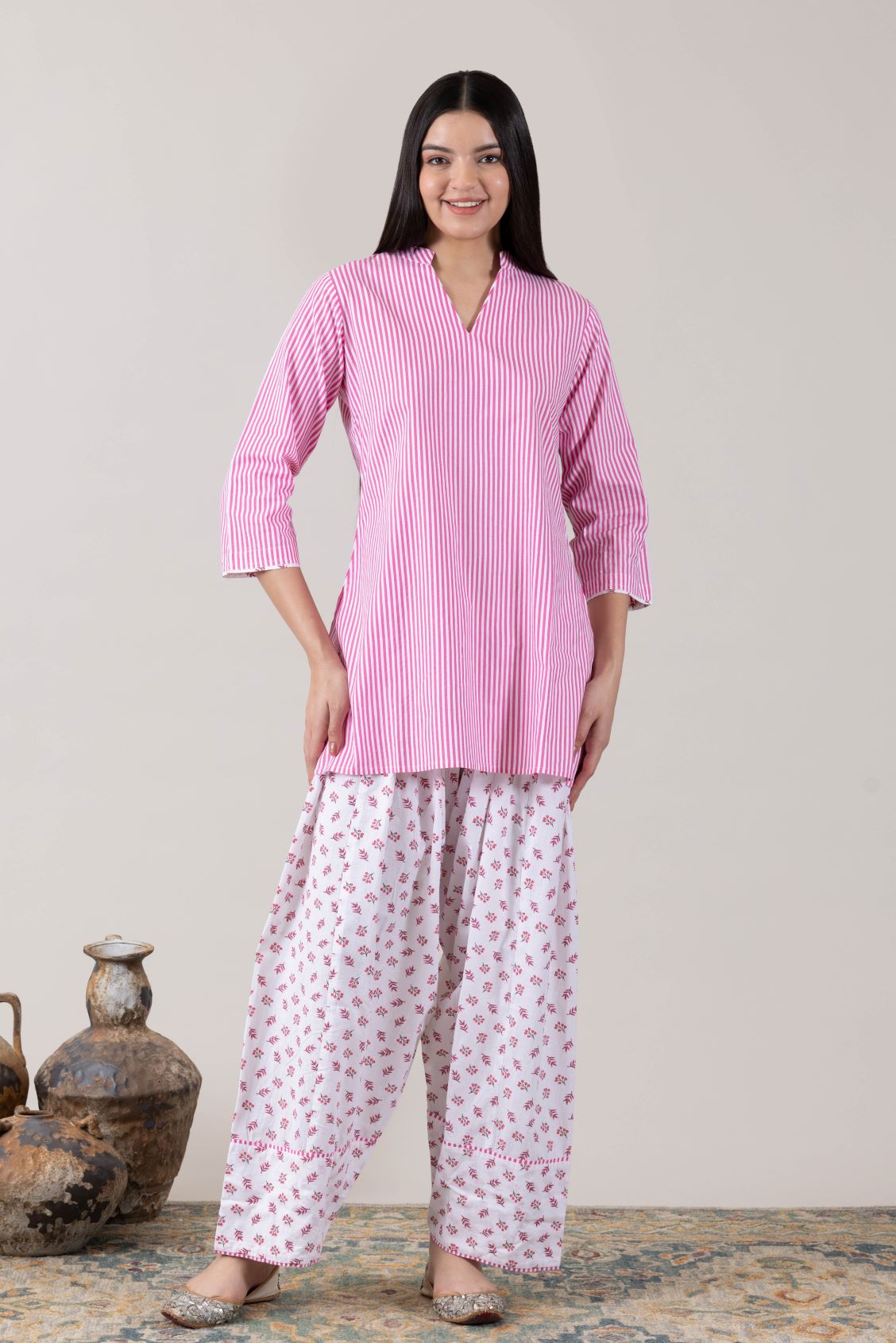 KUDIORY Women Pink Striped Kurta with White Floral Printed Palazzo Pants