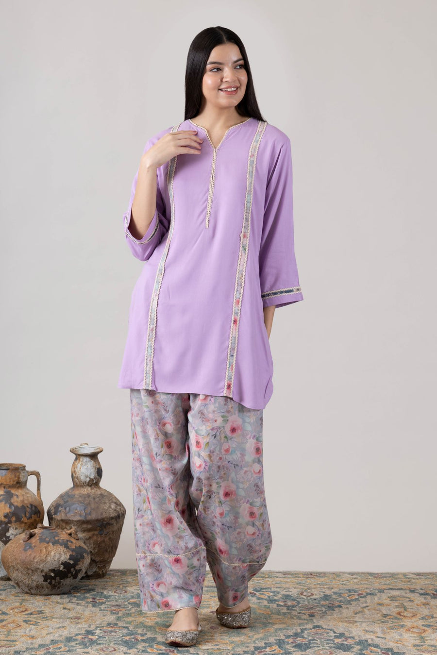 KUDIORY Women Lavender Solid Kurta with Floral Printed Salwar Set