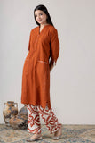 KUDIORY Women’s Rust Solid Kurta with White & Rust Printed Wide-Leg Palazzos