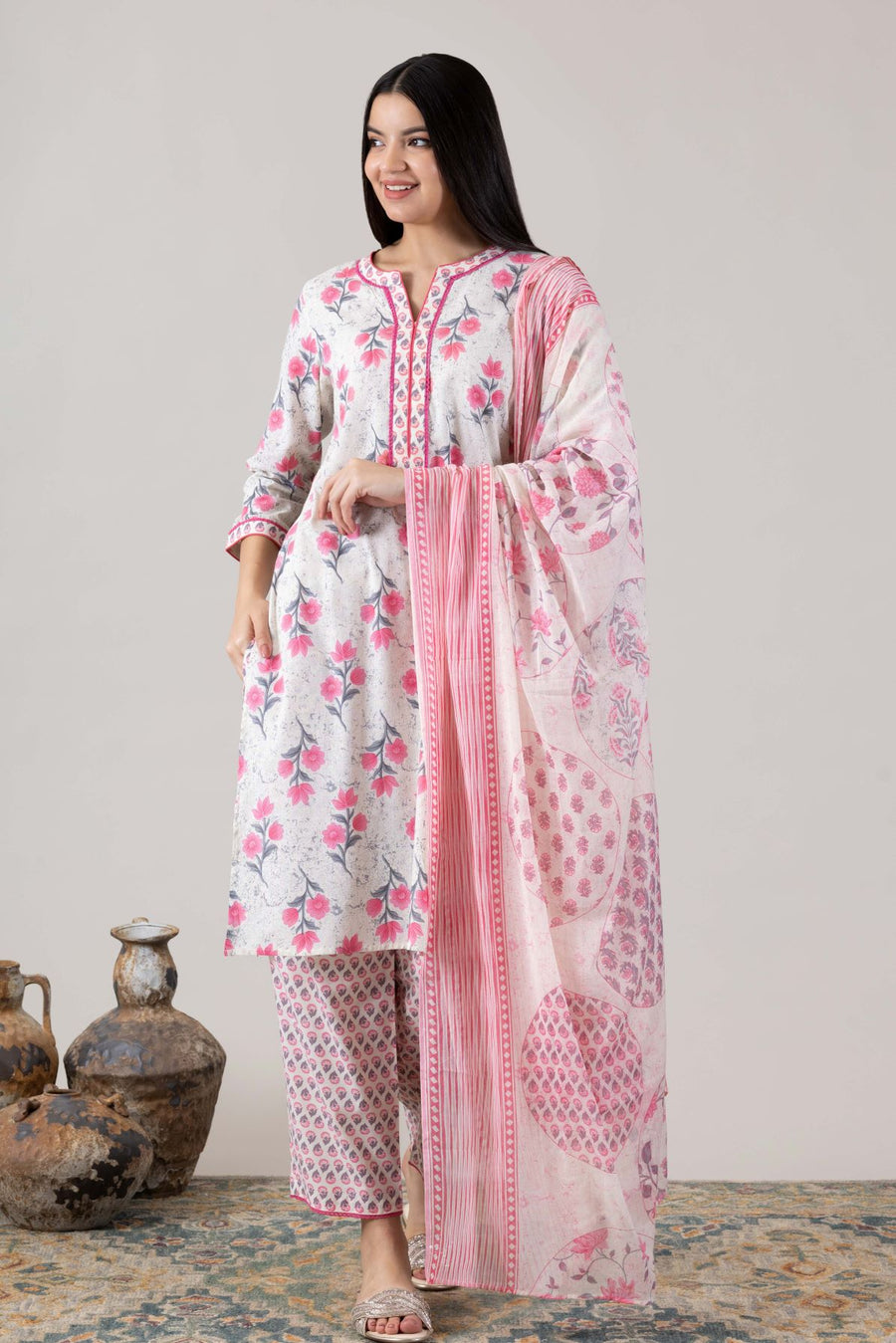 KUDIORY Women’s White & Pink Floral Printed Kurta with Printed Palazzos and Dupatta