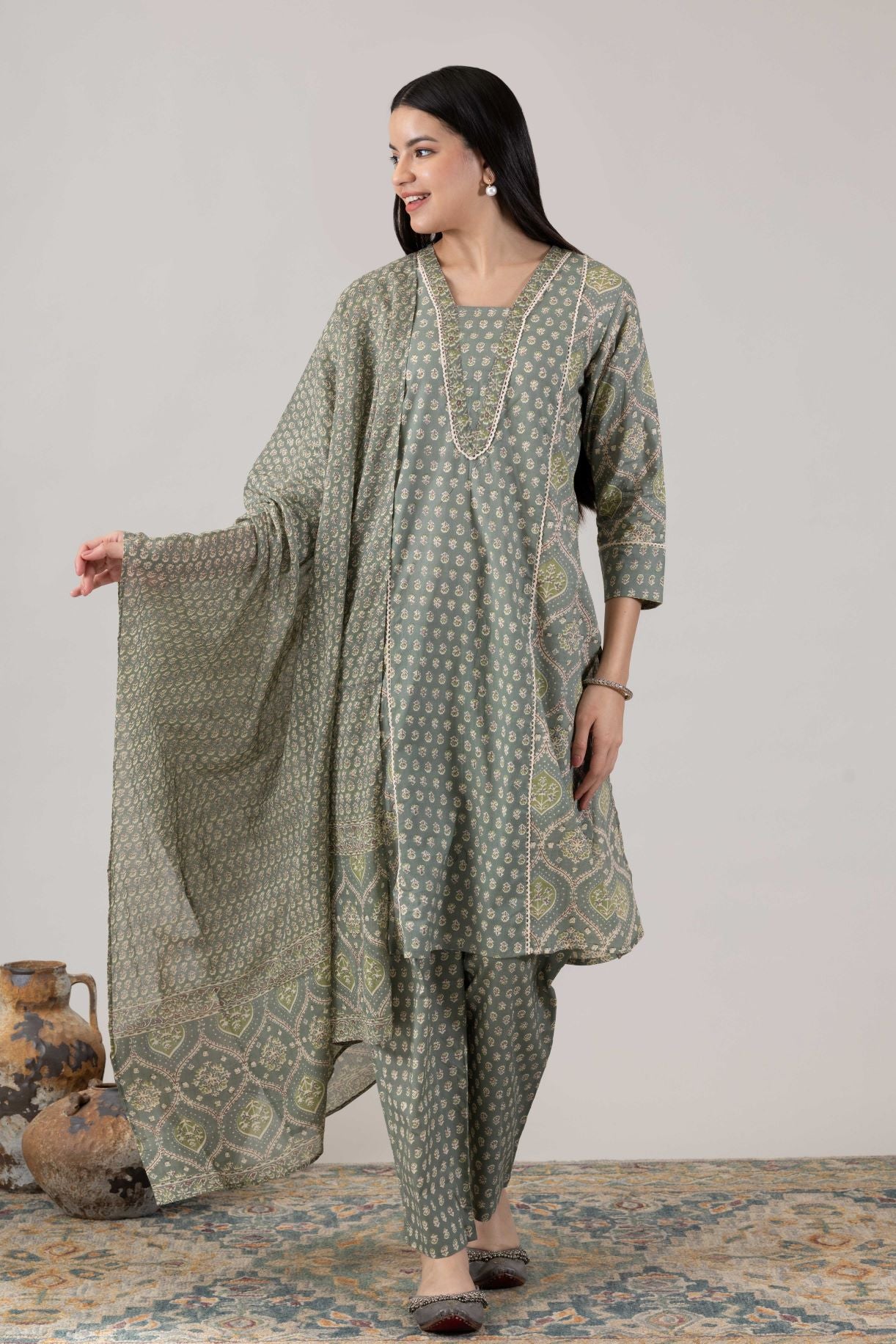 KUDIORY Women’s Green Printed Kurta with Printed Trousers & Dupatta