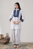 KUDIORY Women White & Navy Blue Striped Printed Kurta with Palazzos