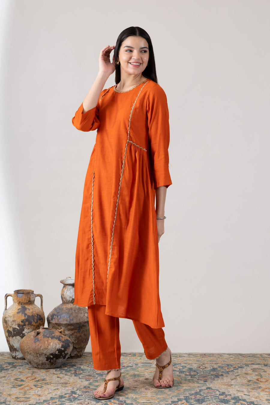KUDIORY Women Orange Solid Asymmetrical Kurta with Trousers