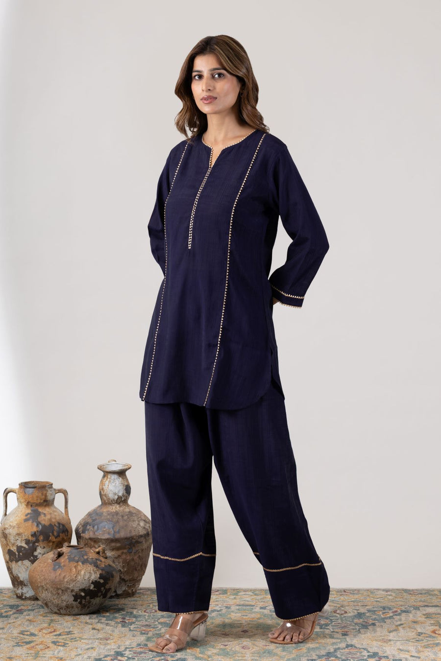 KUDIORY Women Navy Blue Solid Kurta with Wide-Leg Trousers